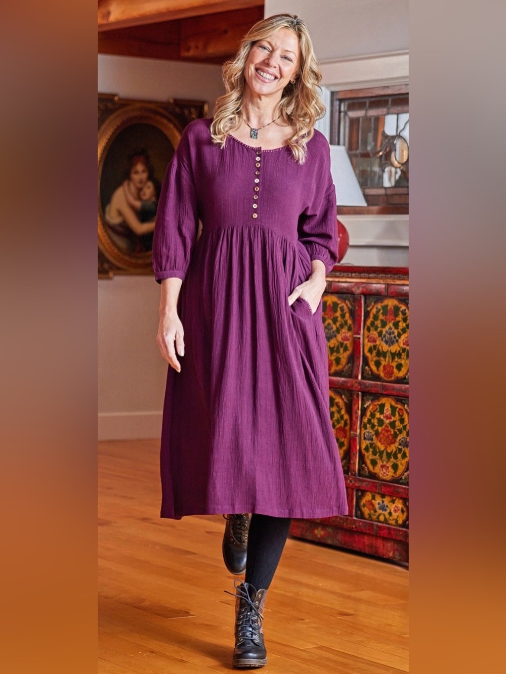 April Cornell Stockholm Dress Beetroot Purple Rayon Cottagecore Midi Medium